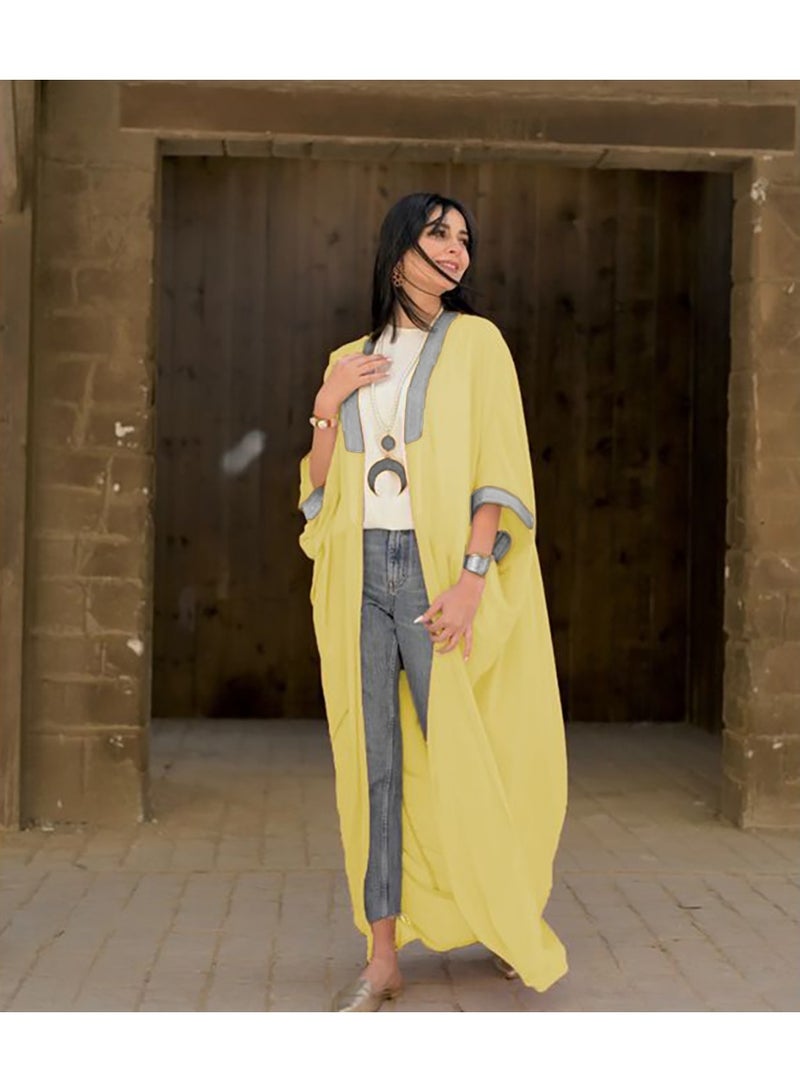SunSet Kaftan Abaya Silver Embroidered Chiffon Sunset YELLOW - Image 3